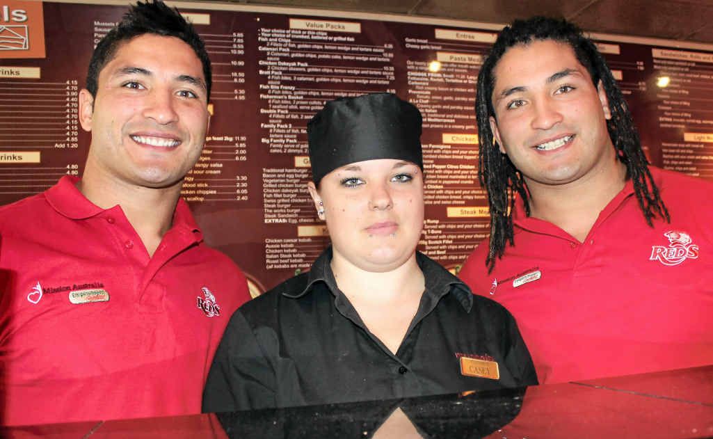 Queensland Reds Anthony and Saia Faainga and Casey Saunders at Mussels Restaurant yesterday for the launch of the Mission Employment Indigenous Strategy.